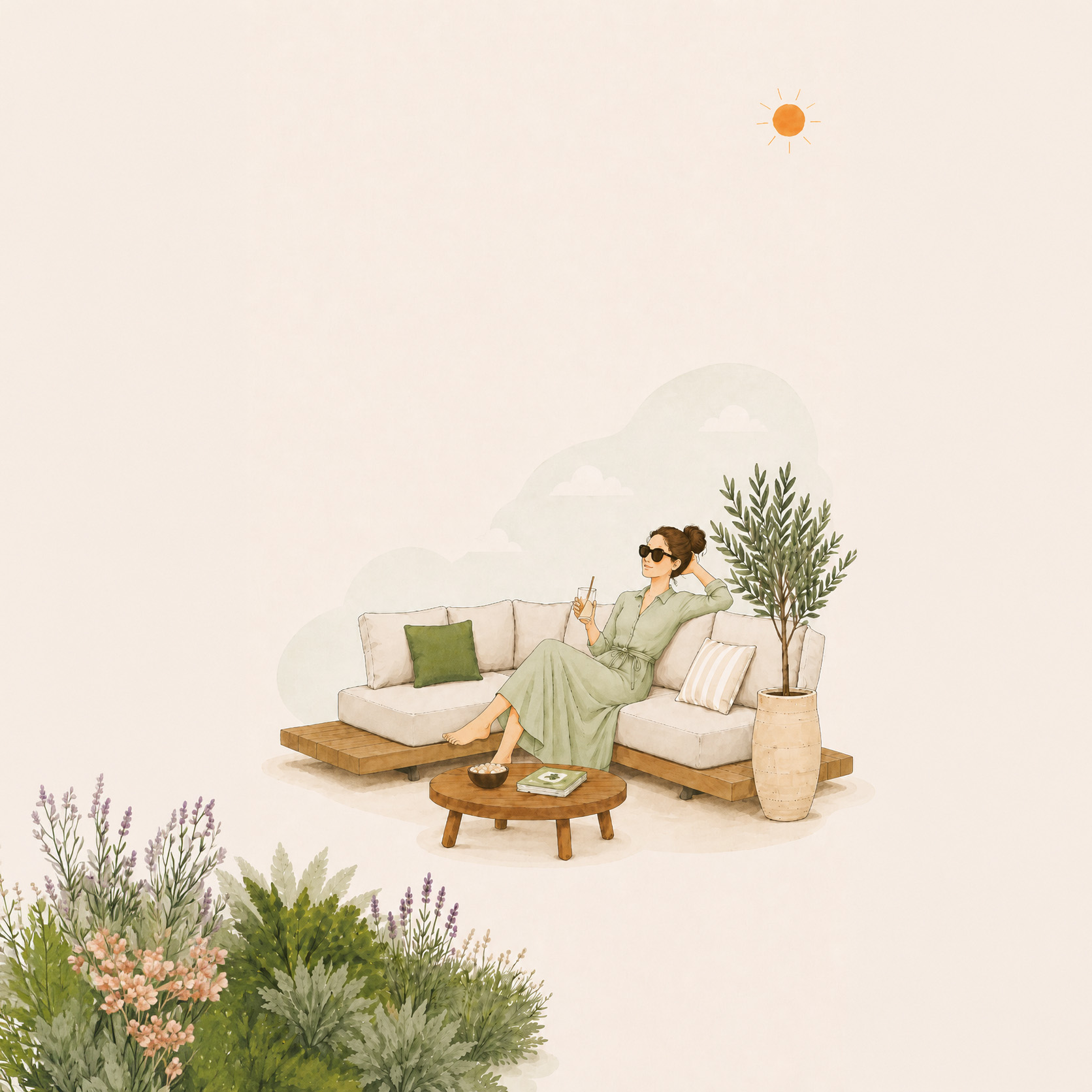 Illustratie van loungeset in tuin