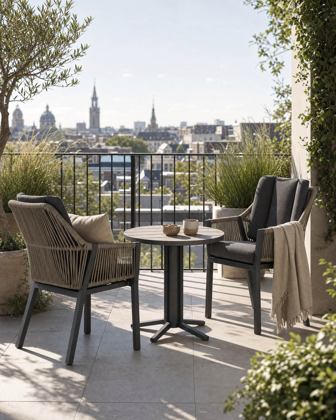 Sfeervol ingericht balkon met compacte tuinmeubelen